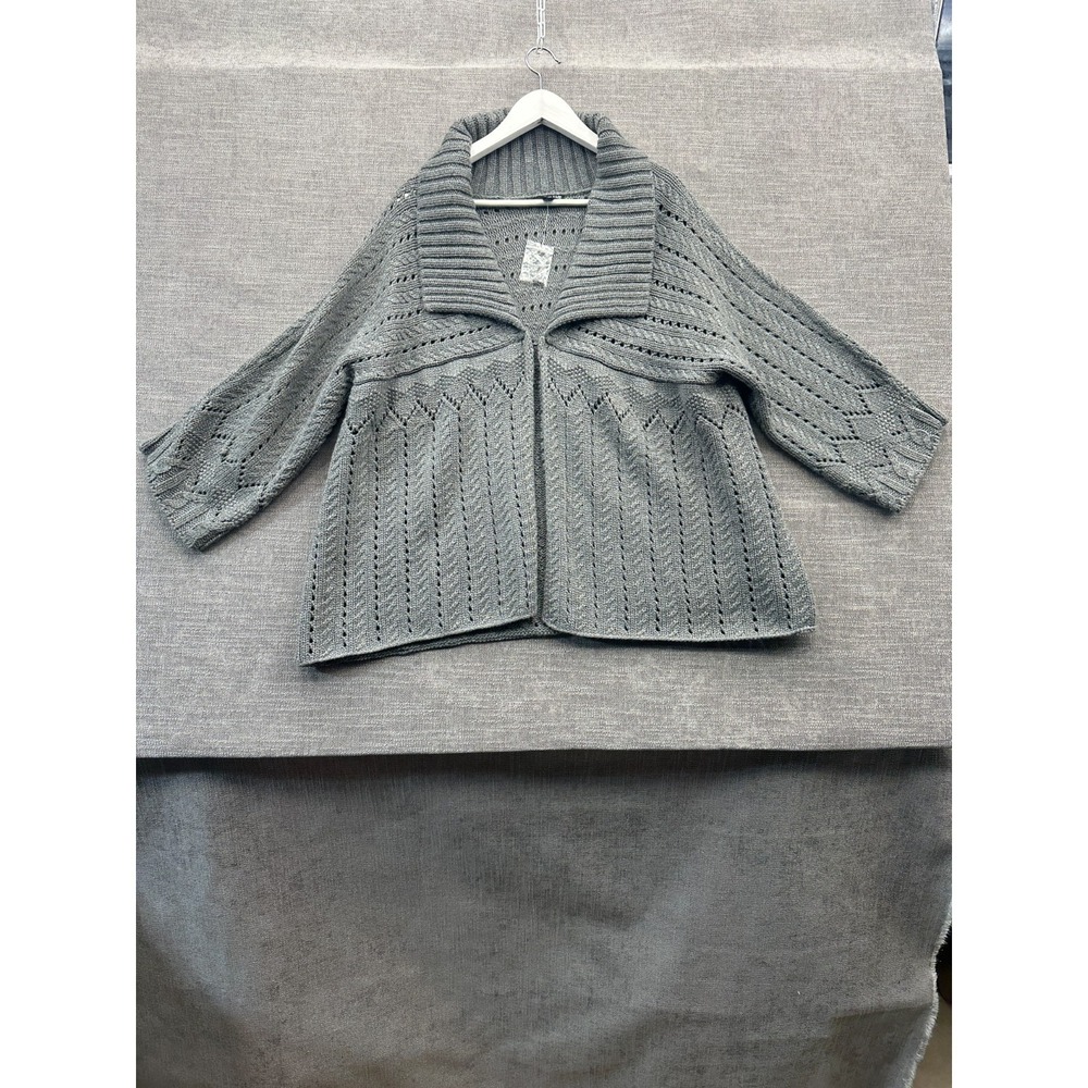 ANA Cardigan Sweater Womens 2X Gray Pointelle Knit Open Front Ribbed‎ Collar